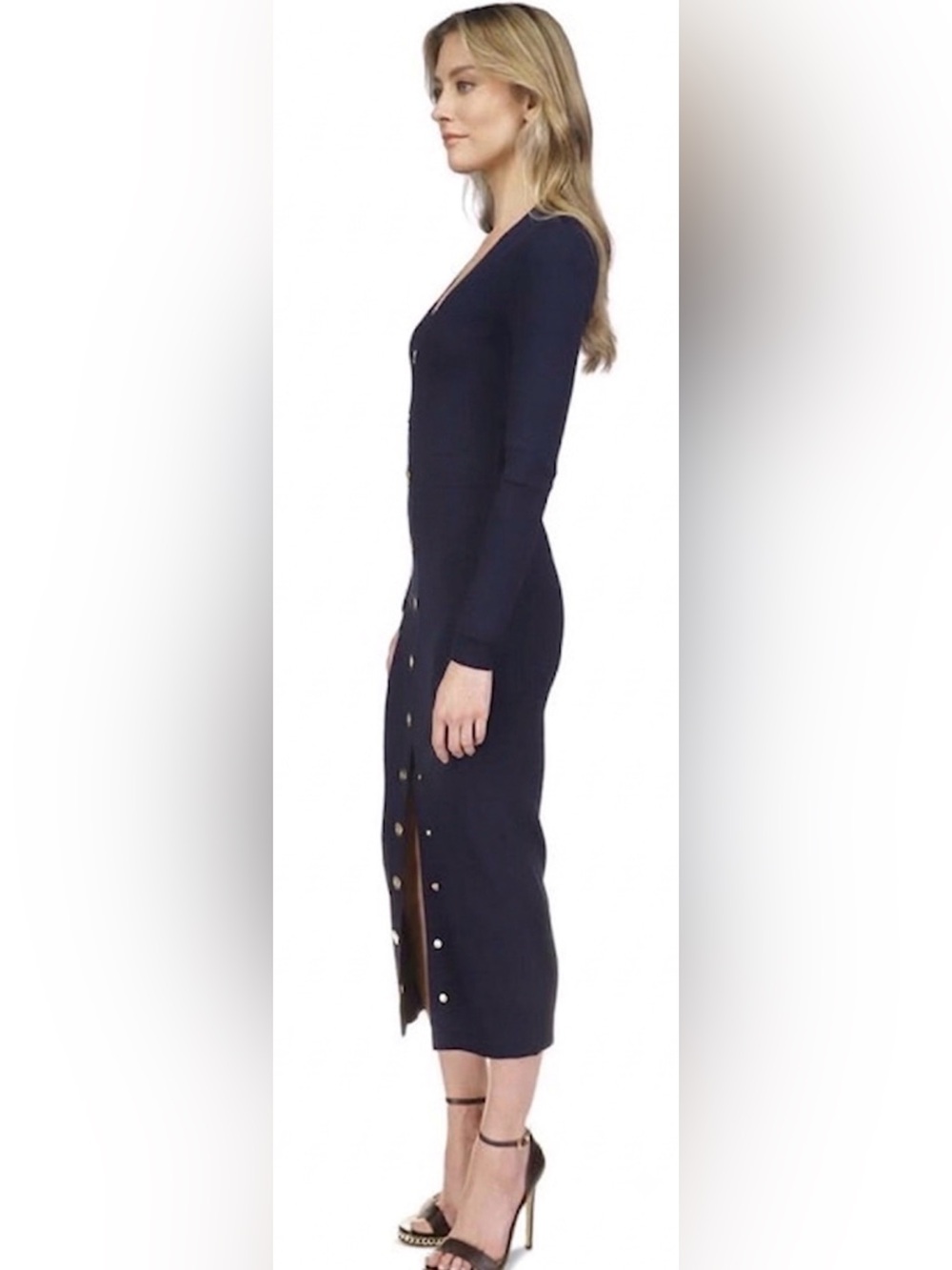 Michael Kors Navy Button-Front V-Neck Midi Dress - Picture 2 of 7